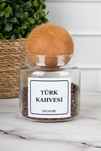 DNS HOME 500 ml Turkish Coffee - 3-Piece Glass Storage Container Jar with Wooden Ball Lid, Filter Coffee, Milk Powder Label