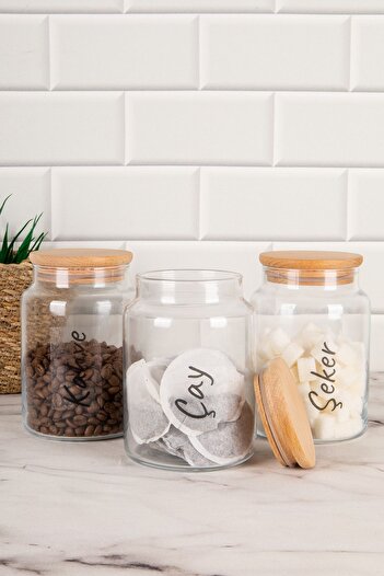 DNS HOME 3-Piece Wooden Flat Lid Transparent Label Tea Sugar Coffee Storage Container Jar 800 ml