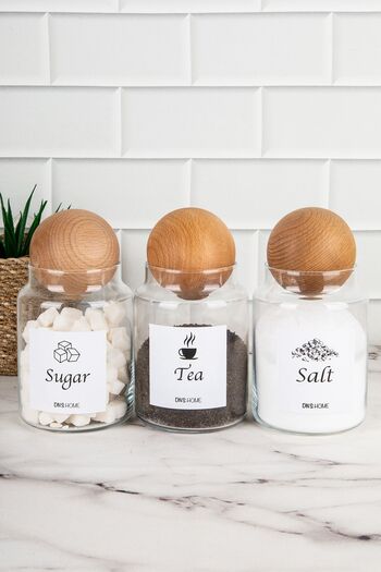 DNS HOME 3-Piece Wooden Ball Lid English Label Tea Candy Salt Storage Container Jar 800 ML