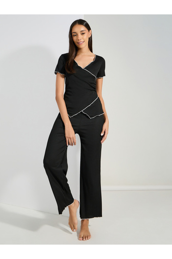 Styli Mono Contrast Edge Rib Wrap Over T-Shirt & Pyjama Set