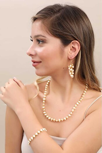 İPAR AKSESUAR trapezoid pearl necklace+bracelet and earring set