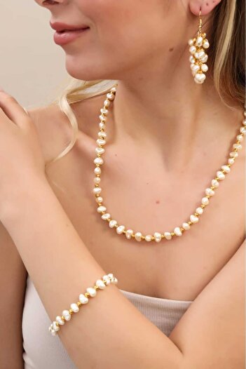 İPAR AKSESUAR trapezoid pearl necklace+bracelet and earring set