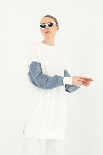 Puane Women's Two Thread Sleeves Gathered Denim Detailed Tunic/sweat 10410