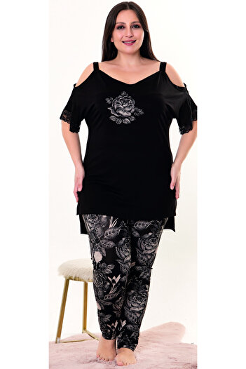 Jenny Daphne Set de pijamale din viscoză cu modele florale de mărime plus - Detaliu pe umeri, mânecă scurtă 10955