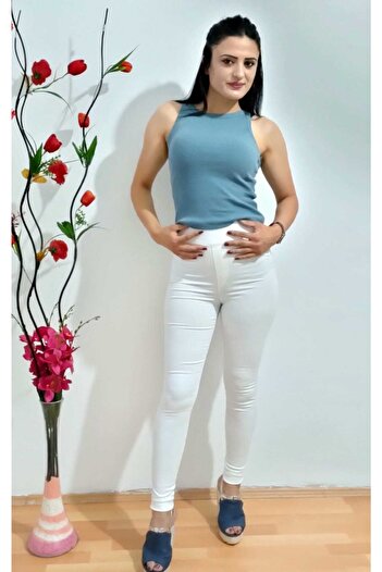 AZEM KOTÇU Women's White High Waist Lycra Jeans with Elastic Waist