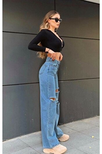 Ramrod Koyu Mavi Yırtık Süper Yüksek Bel Salaş Jeans Palazzo Pantolon (POWER LİKRALI)