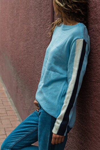 AQE FASHION Pulover de damă, cu mânecă rotundă, cu dungi, albastru bebeluș