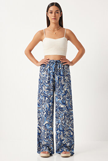 Happiness İstanbul Indigo Blue Patterned Viscose Palazzo Women's Trousers - EN00606