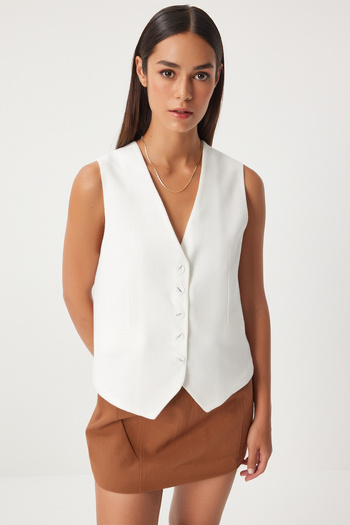 Happiness İstanbul White Linen Vest - Button Detail, Women's, DP00207