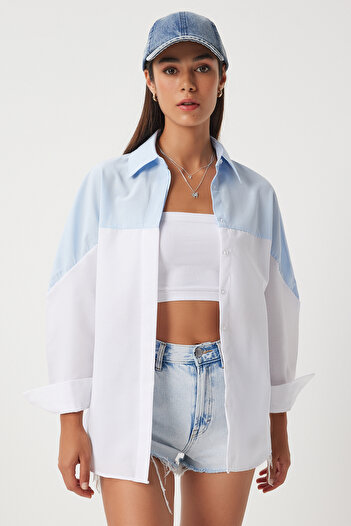 Happiness İstanbul Dámská košile Sky Blue White Color Block Boyfriend Shirt DD01306