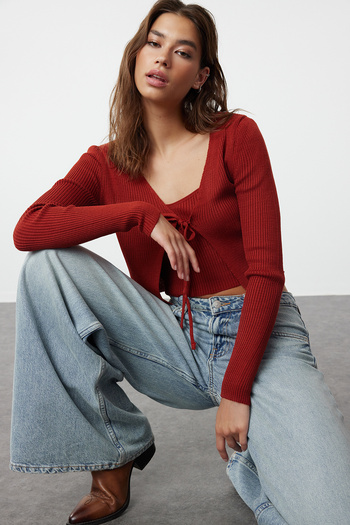 Trendyol Collection Tile Crop Tie Detailed Blouse-Cardigan Knitwear Set TWOSS21HI0002