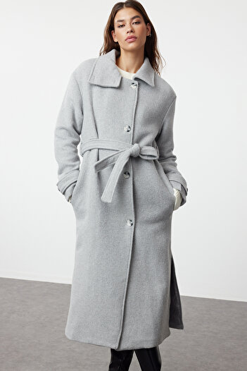 Trendyol Collection Oversize šedý vlněný kabát - podrobný límec, TWOAW25KB00038