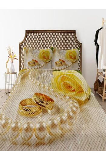 3D ELSE HALI Yellow Rose Patterned Rings - Decorative Bed Pique Set, Double