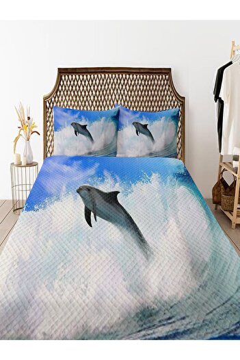 3D ELSE HALI Σετ κρεβατιού Dolphin Sea Pattern Printed - Διπλό Σετ Κρεβατιού Πικέ με Μαξιλάρια