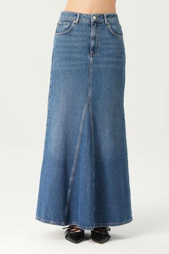 CROSS JEANS High Waist Zippered Medium Blue Maxi Jean Skirt - C 4532-050