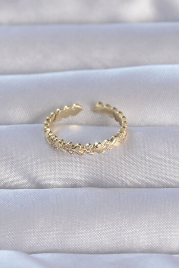 Moka Shopin Brass Gold Zircon Stone - Row Heart Model Adjustable Ring