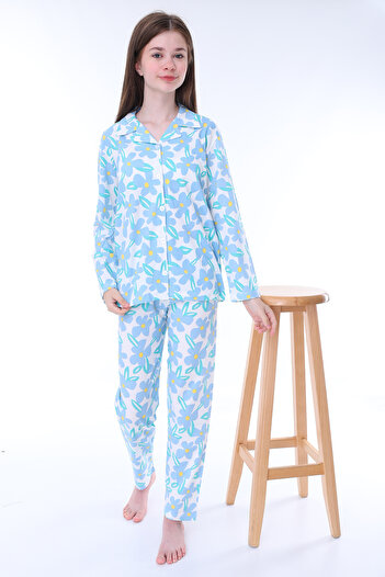ZUZUNGA Set de pijamale din bumbac cu model margarete albastre pentru fete - cu nasturi