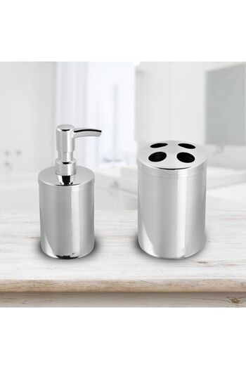 GörSeç Stainless Bathroom Sink Countertop Liquid Soap Dispenser Toothbrush Holder Set Double Bathroom Set Dowry