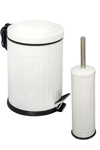 GörSeç Vintage Series Vintage White Bathroom Set with Shock Absorber Pedal Trash Can Wc Toilet Bowl Toilet Brush Set