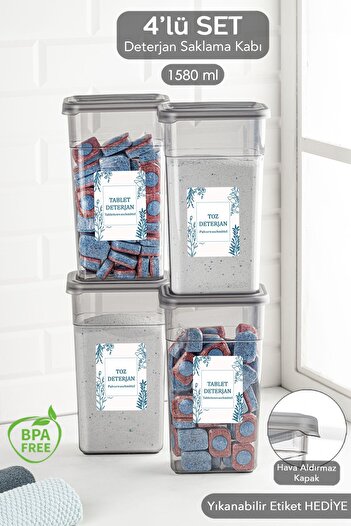 Meleni Home 4-Piece Detergent Storage Set - Box with Label and Airtight Lid - 4 x 1580 ml