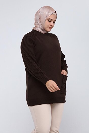 ilmek Women's Large Size Sleeve Hair Braided Pocket Winter Knitwear Tunik 4372