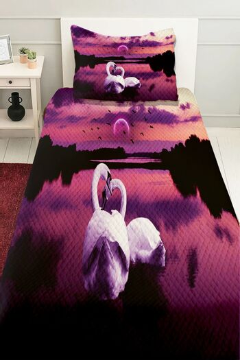 3D ELSE HALI Single Decorative Bedspread - Purple and White Swans Patterned Printed Pique Set