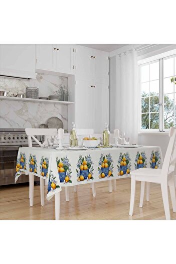 3D ELSE HALI Lemon Patterned Vintage Linen Tablecloth - Digital Print, Stain Resistant, Care Free