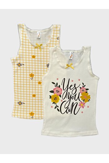elmas kids Yellow Cream Floral Patterned 2-Piece Cotton Undershirt Set for Girls