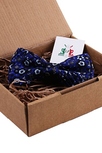 La Pescara Parliament Blue Flower Pattern Pleated Silk Bow Tie ESB07