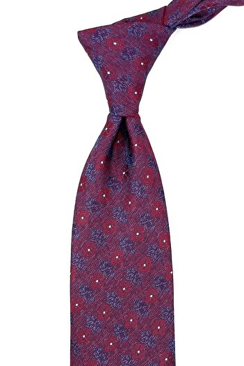 Kravatkolik Claret Red - Blue Motif Pattern Classic Tie with Handkerchief Kk11186