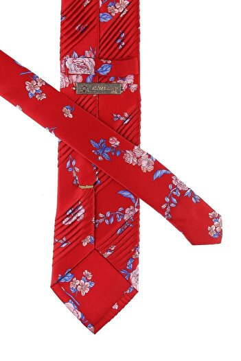 Kravatkolik Men's Red Flower Pattern Pleated Silk Tie