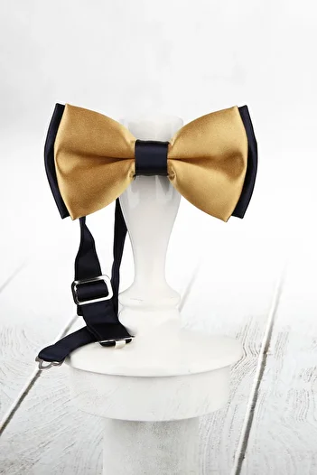Kravatkolik Men's Gold - Navy Blue Color Satin Bow Tie SP60