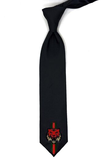 La Pescara Black Plain Tiger Emblem Printed Tie Kk11698