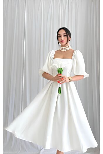 Afiş Butik Beyaz Kare Yaka Pileli Midi Boy Elbise