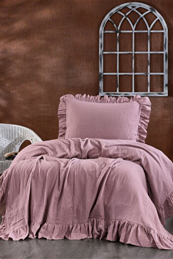 Minelya Home Collection Aura Single Muslin Pique Set - 2 Pieces Ruffle Bedspread and Pillowcase