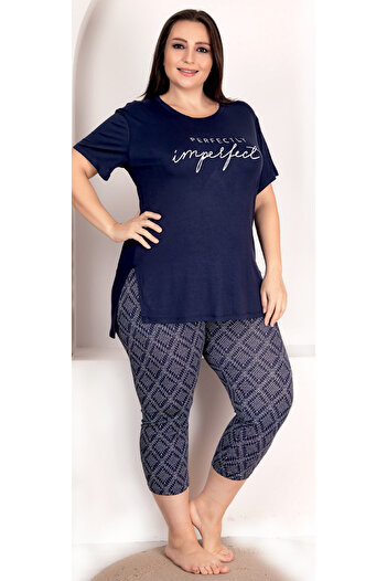 quilling Navy Blue Patterned Large Size Lady 10708 Capri Pajama Set