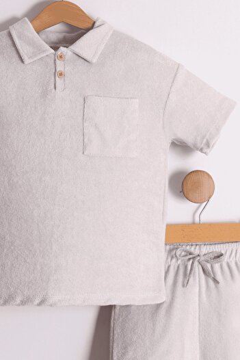Pollito Stone Colored Shirt Collar T-Shirt and Shorts for Boys - Set of 2