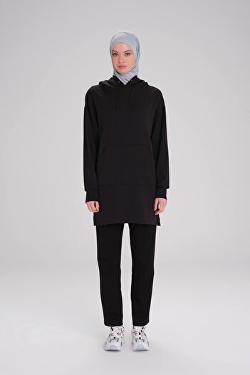 Haşema Black Soft Textured Hooded Basic Sweatshirt - ACT-13