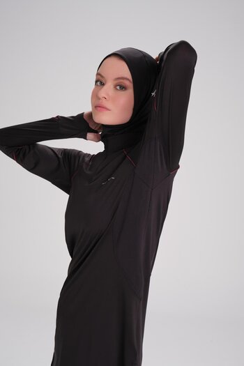 Haşema Black Hijab Training T-shirt - H-per, Piping, Long Sleeve, Zip Collar, Act-18