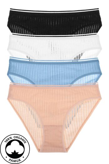 Humaone Pachet de 4 - 100% bumbac, negru, alb, piele, albastru, slip cu cusături în lanț, tăiat în bikini