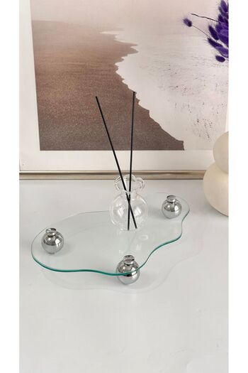Shura Homeware Curved Glass Tray Silver Ball Standing Decorative Organizer Stand Decorative Tray