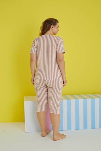 Siyah İnci Mink White Line Patterned Curve Large Size Oversize Capri Set