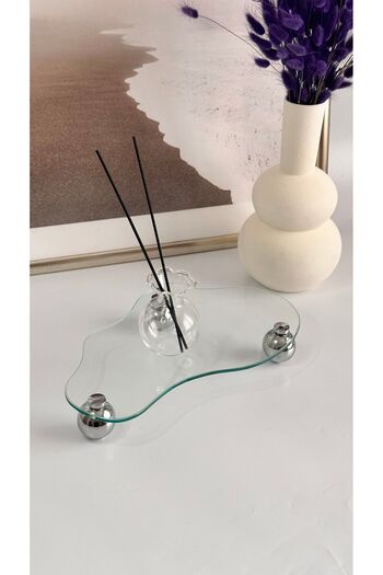 Shura Homeware Curved Glass Tray Silver Ball Standing Decorative Organizer Stand Decorative Tray