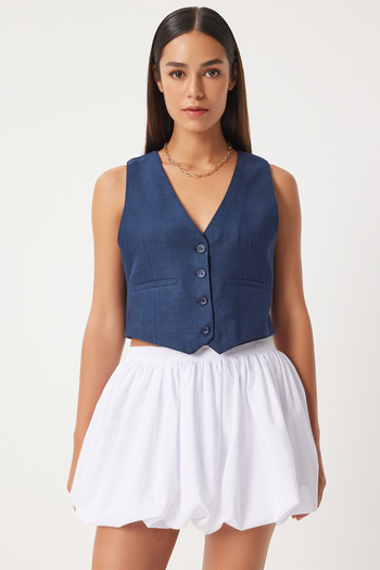Happiness İstanbul Γυναικείο γιλέκο λινό Navy Blue - KT00011