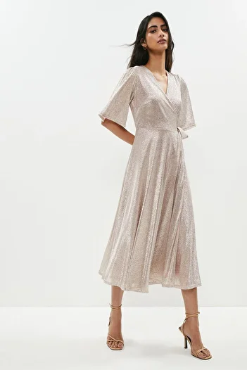 Coast BCC01142 Model Metallic Angel Sleeve Wrap Midi Dress