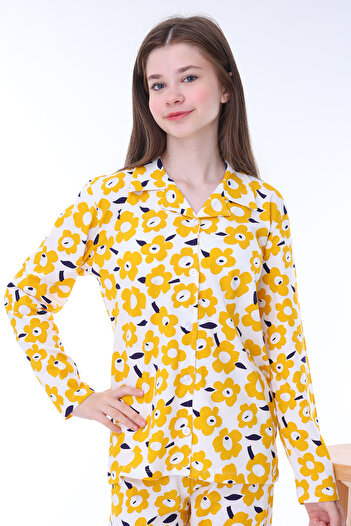 ZUZUNGA Sarı Papatya Desenli Düğmeli %100 Pamuk Kız Çocuk Pijama Takımı