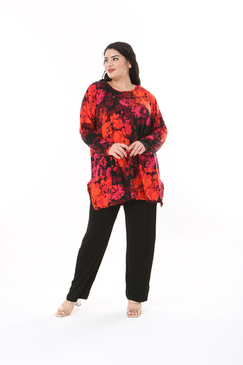 XL Modam Red Black Large Size Lycra Viscose Tunic and Trousers Set