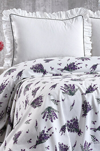 Minelya Home Collection Double 100% Cotton Frilly and Lavender Patterned Pique Set - 4 Pieces with Elastics
