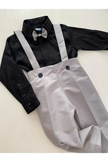 tubibebe Gray Satin Salopet - Excluded Shirt, Bow Tie