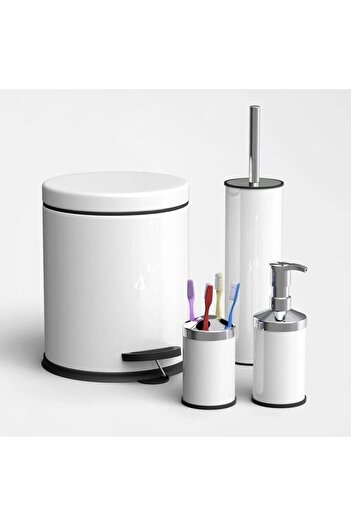 GörSeç White Set of 4 3 Liter Pedal Trash Can WC Toilet Brush Soap Dish Toothbrush Holder Set